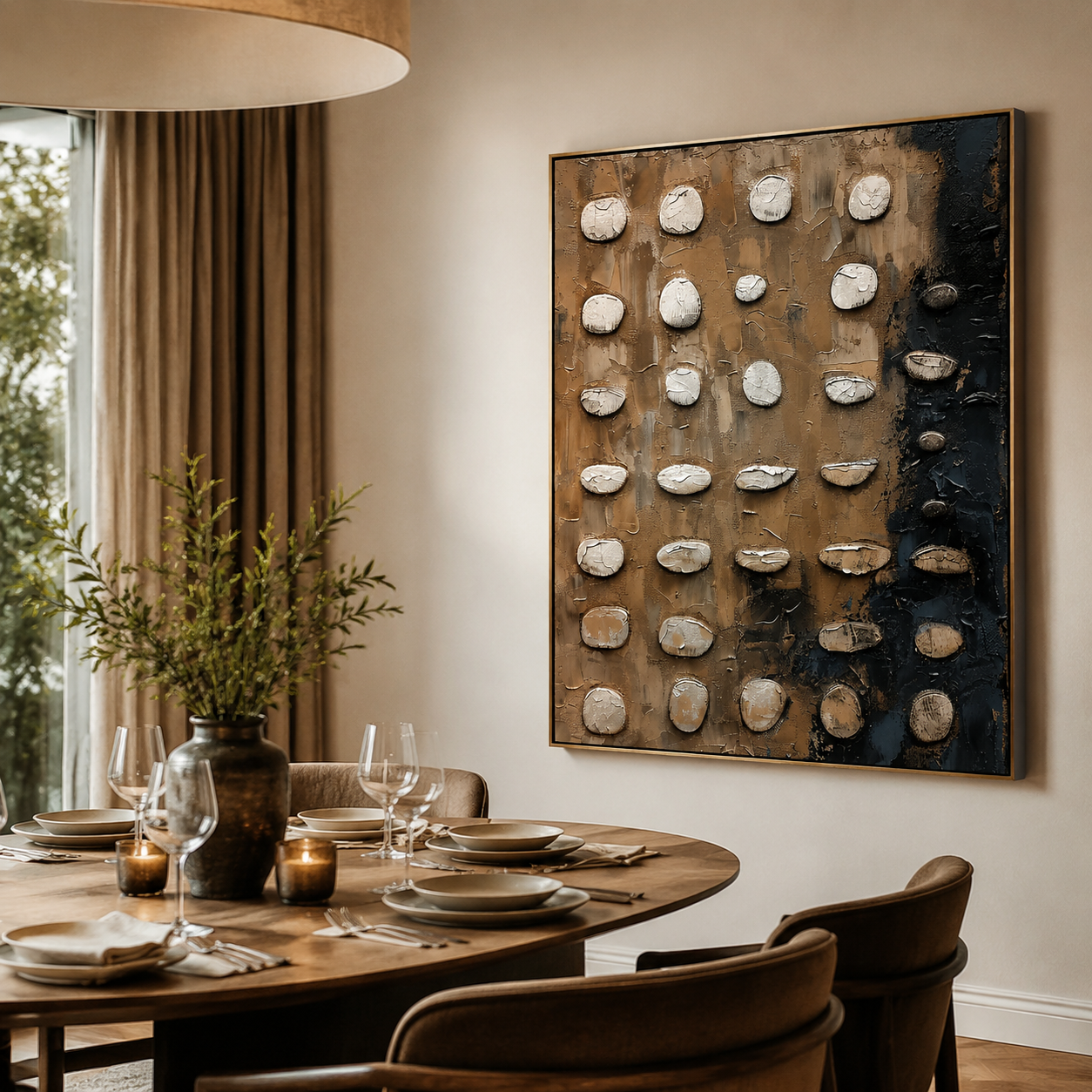 Stone Grid Harmony – Beige and Charcoal Textured Abstract Painting