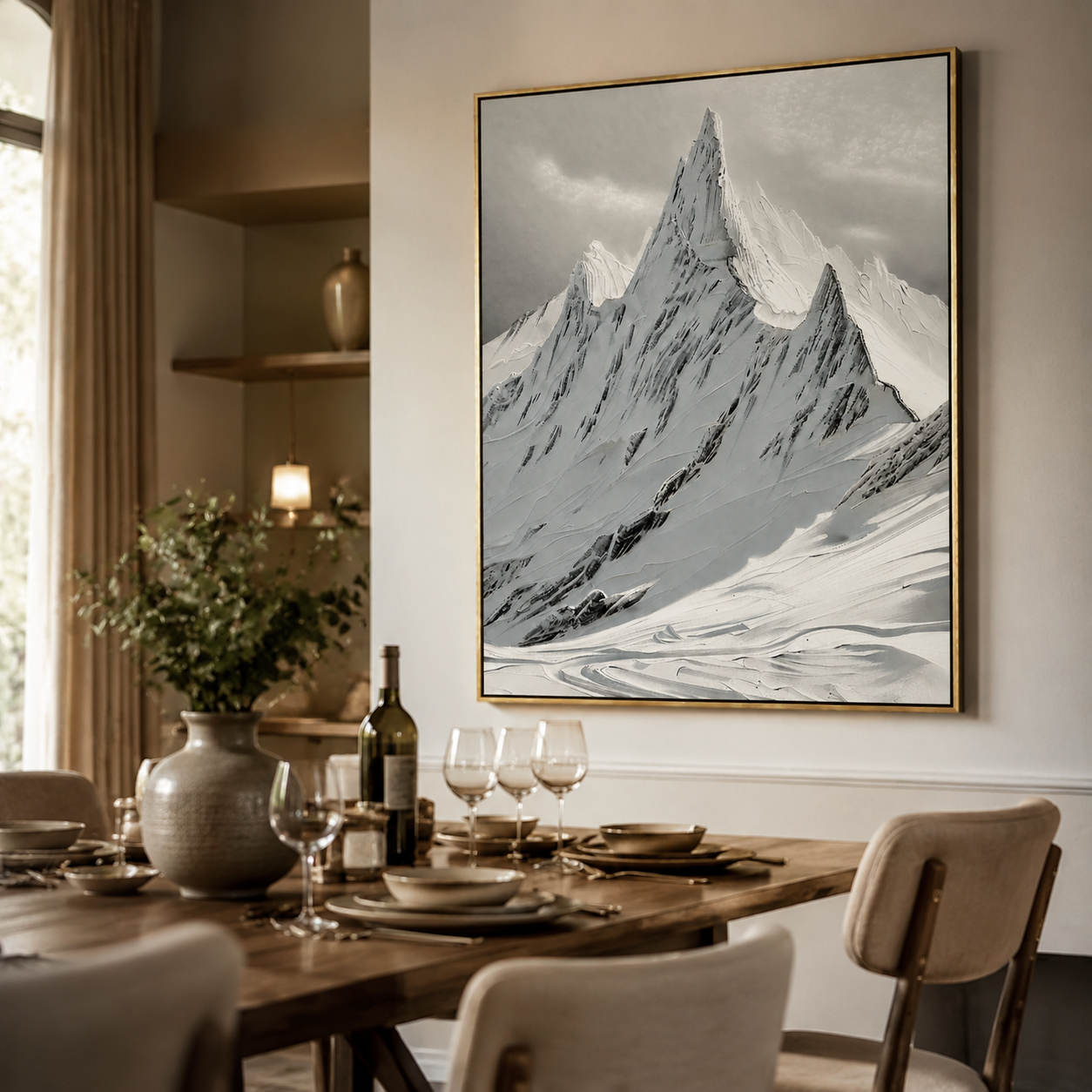 Monochrome Alpine Peak – Black and White Textured Mountain Painting
