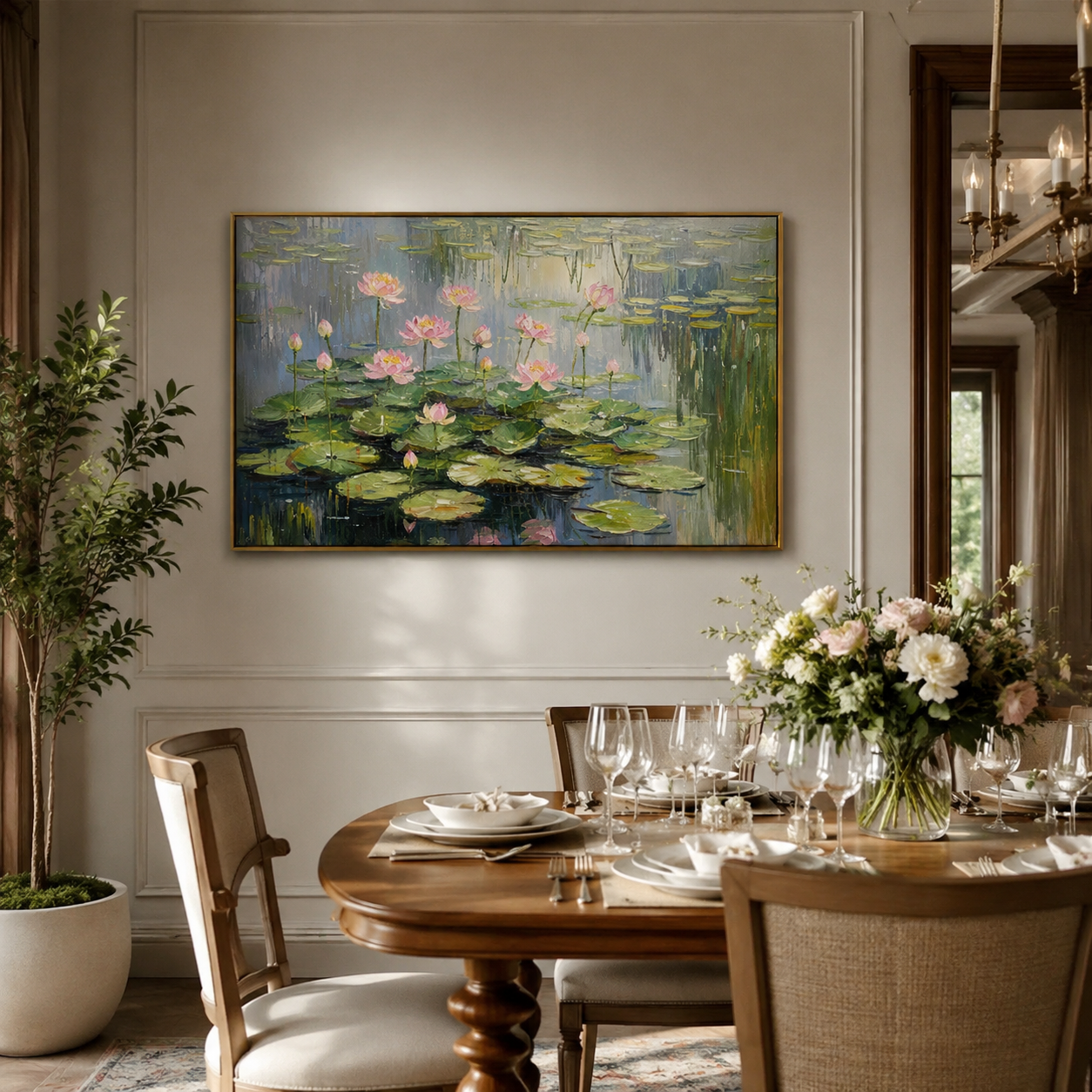 Pink Lotus Reflections – Impressionist Pond Landscape Painting