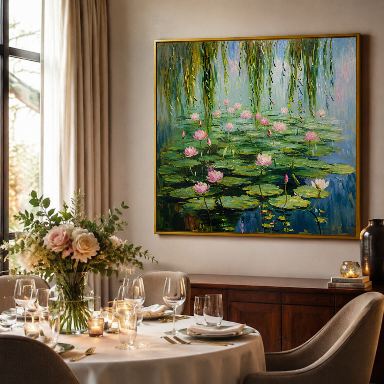 Willow Lotus Pond – Pink Impressionist Floral Landscape Painting