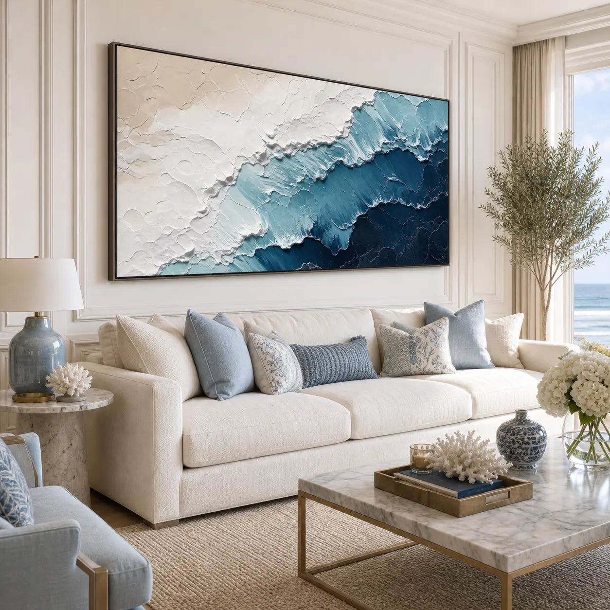 Azure Tide Relief - Hand-Painted Textured Ocean Wave Wall Art, Large Coastal Blue Abstract Canvas Painting for Living Room