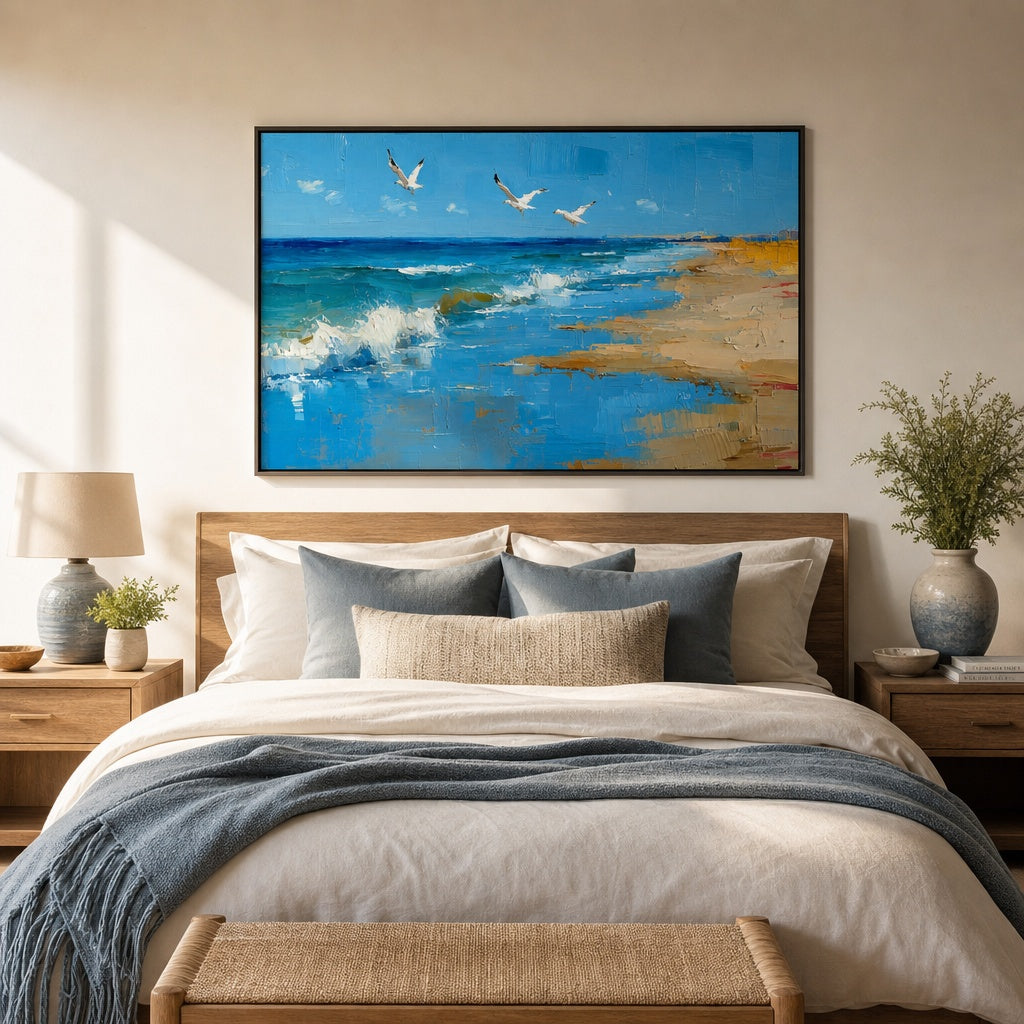 Seagulls Over Blue Shore