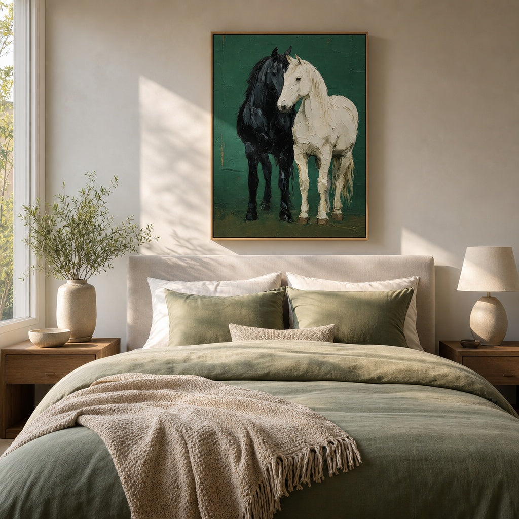 Black and White Horse Couple Textured Painting