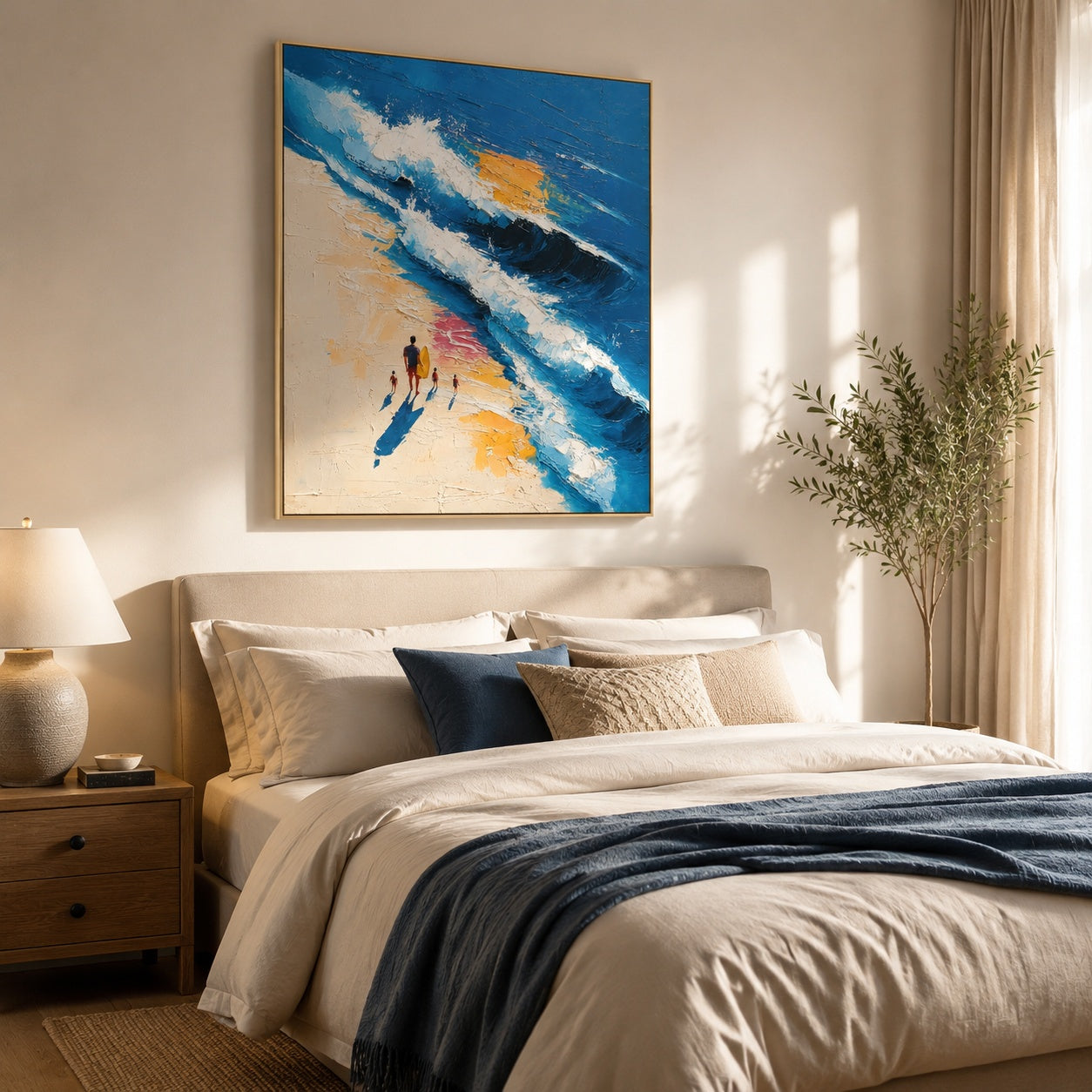 Surfside Family Walk – Blue Textured Ocean Beach Painting