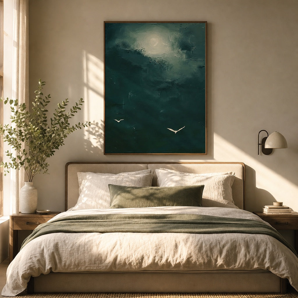 Moonlight Ocean Birds Abstract Painting