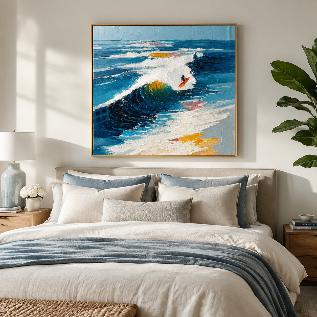 Surfing the Blue Break – Textured Ocean Wave Painting