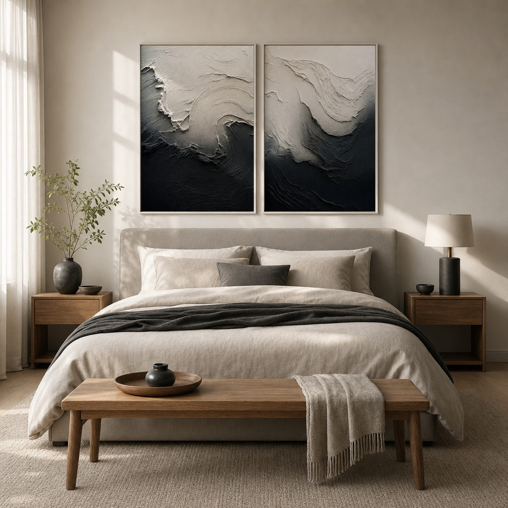 Monochrome Wave Relief Diptych