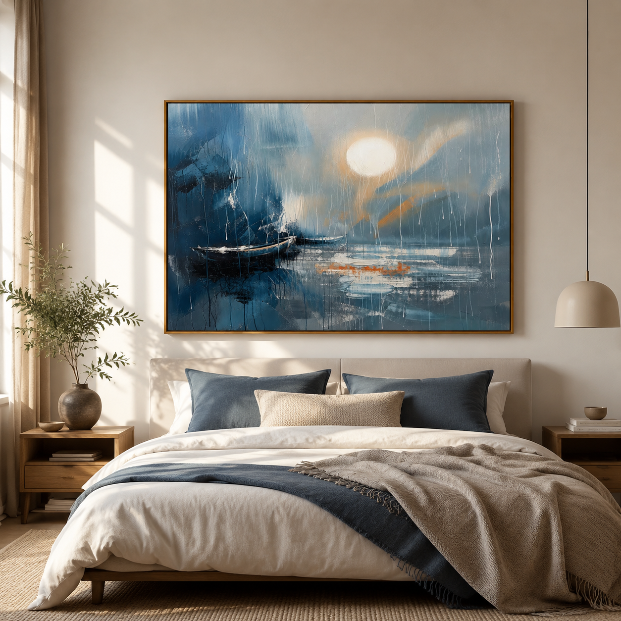 Moonlit Blue Harbor – Abstract Boat Seascape Painting