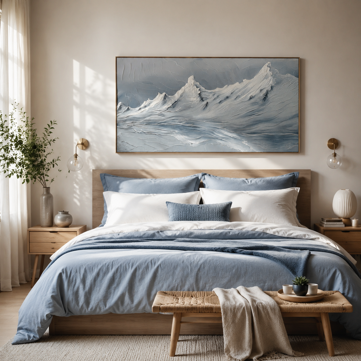 Silver Alpine Reflection – Textured Blue Mountain Landscape Painting