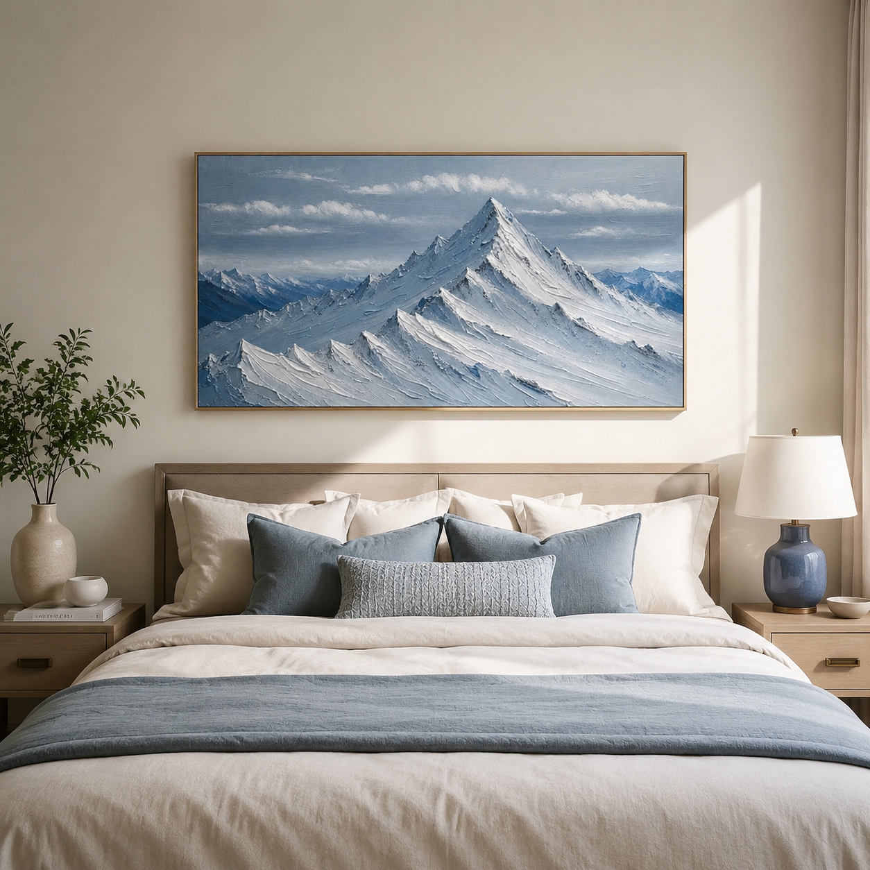 Alpine Stillness – Blue Textured Mountain Landscape Painting