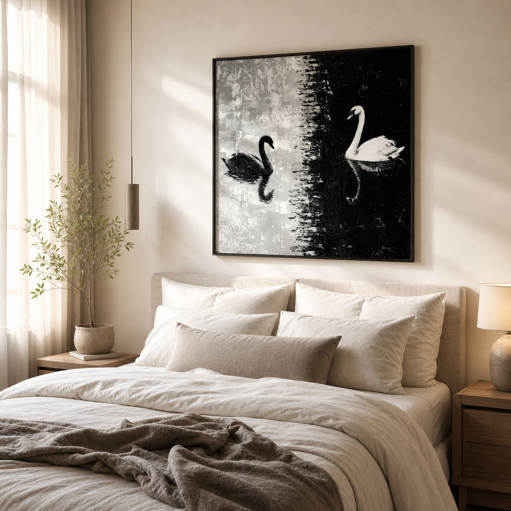 Black and White Swan Lake Painting