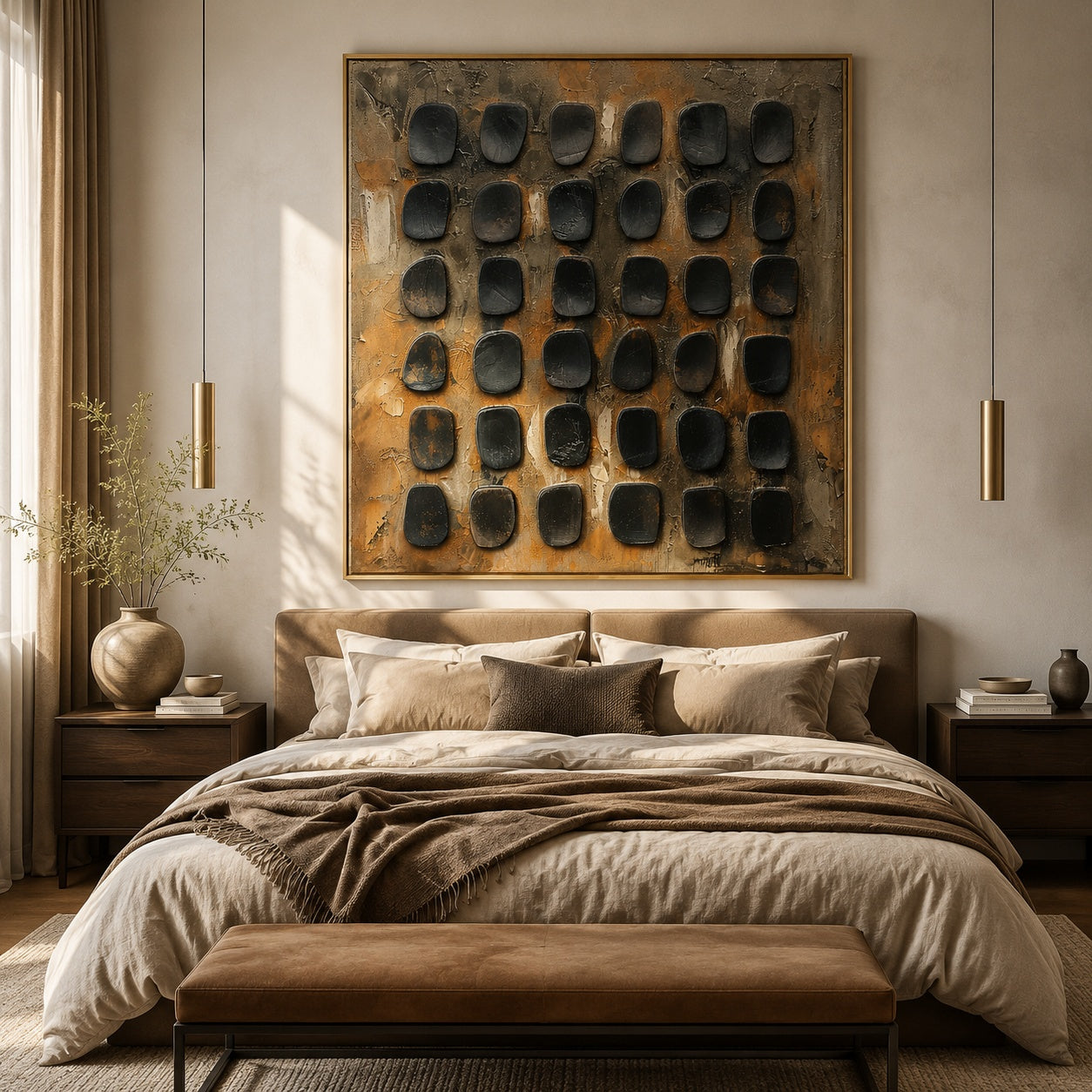 Black Stone Grid – Brown and Gray Textured Abstract Painting