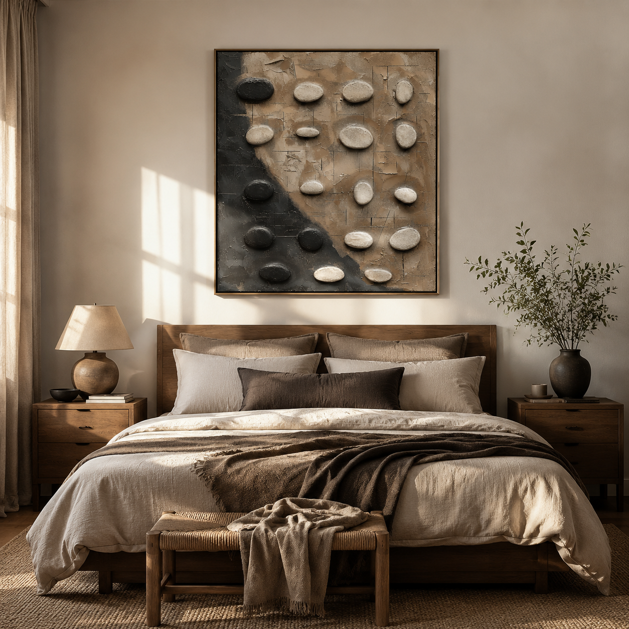 Zen Stone Balance – Black and Beige Textured Abstract Painting