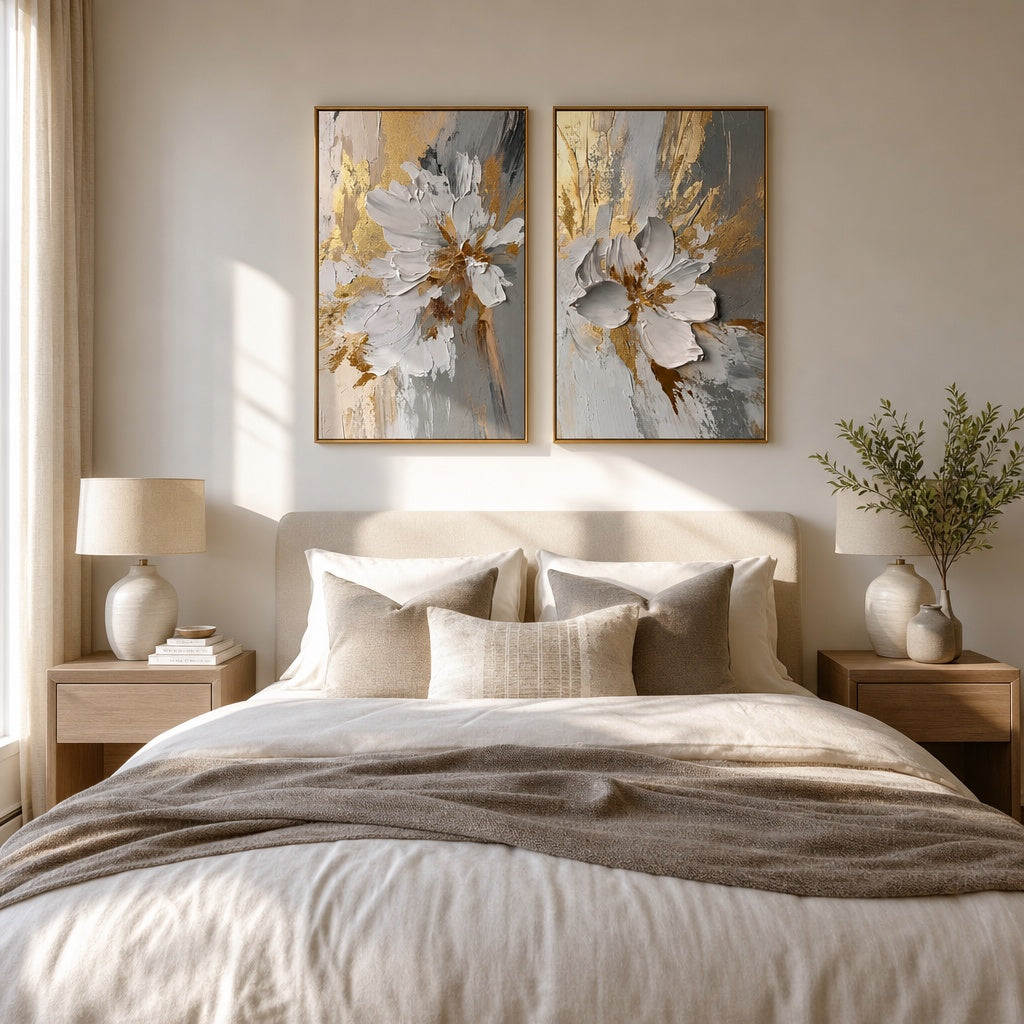 Golden White Blossom Diptych