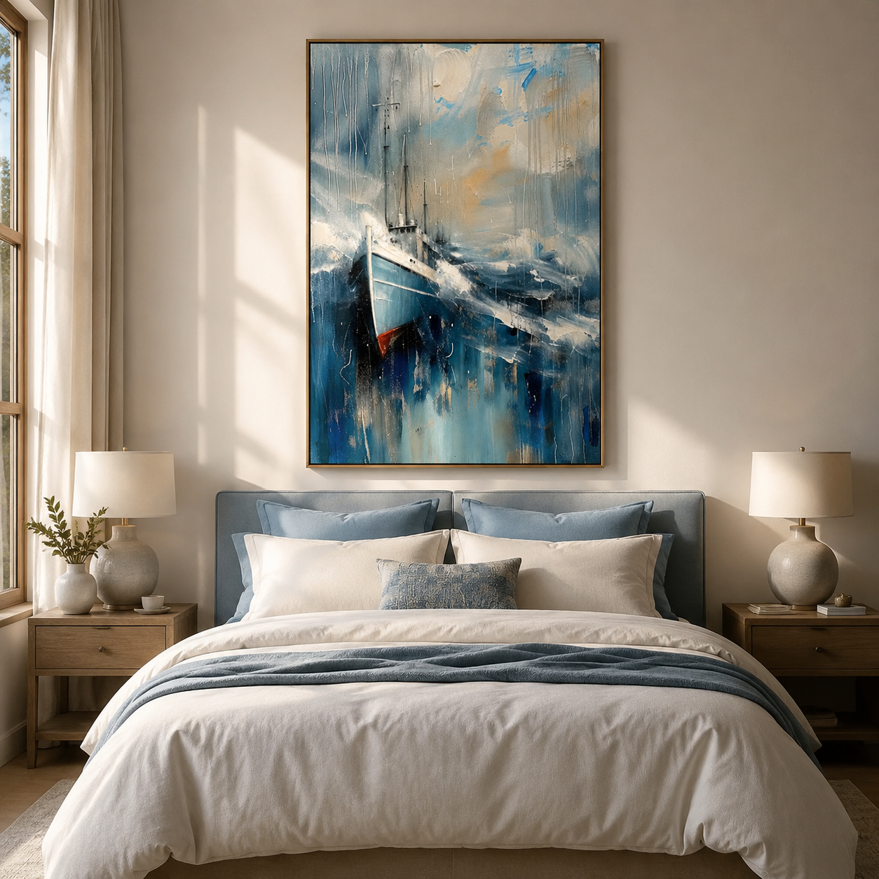 Stormbound Harbor – Blue Abstract Fishing Boat Painting