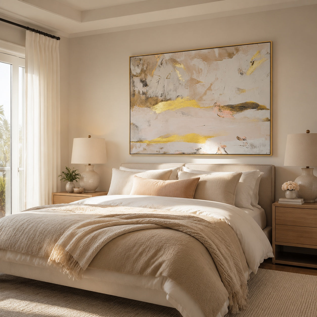 Golden Mist Harmony – Neutral Gold Abstract Textured Painting