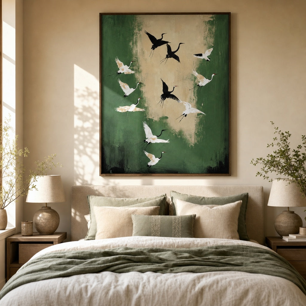 Flying Cranes Green Nature Painting