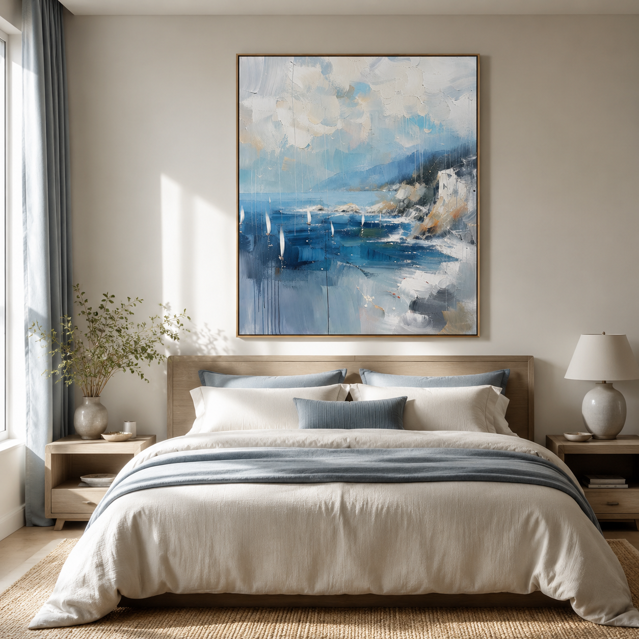 Blue Coastal Harbor – Abstract Sailboat Seascape Painting