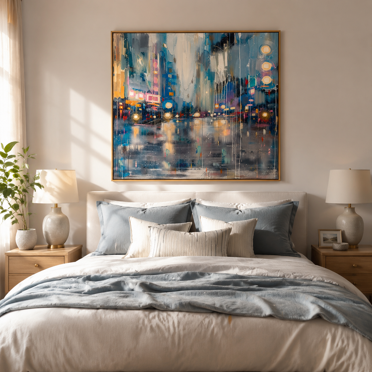 City Lights in the Rain – Blue Abstract Cityscape Painting