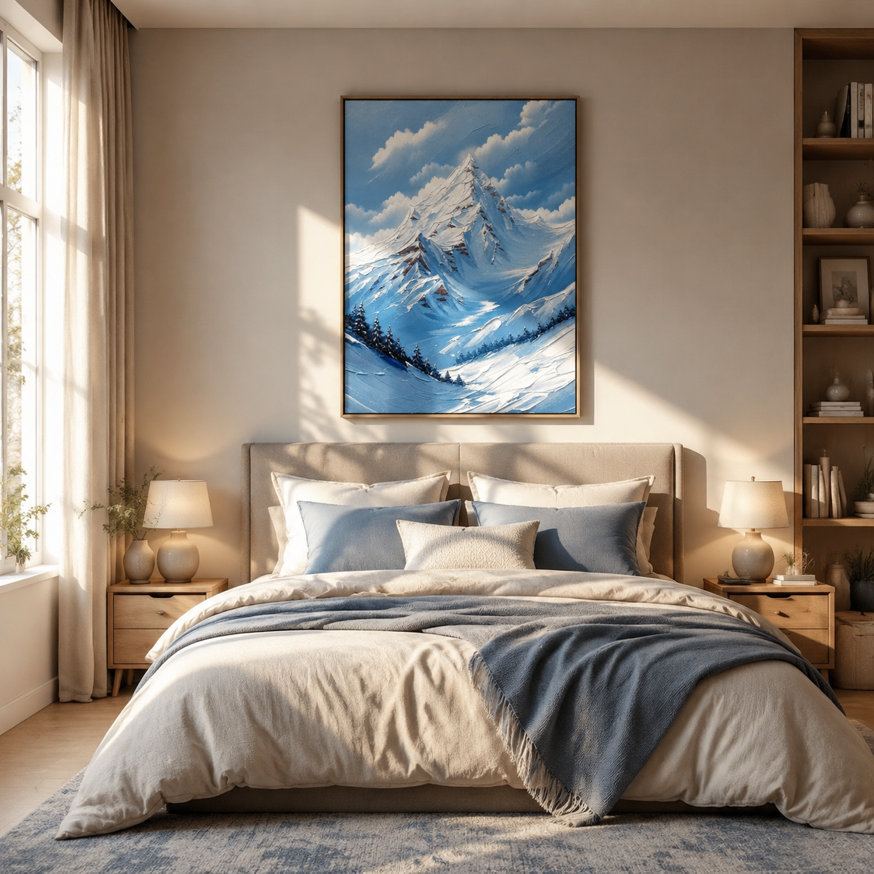 Crimson Summit – Blue Textured Snow Mountain Painting