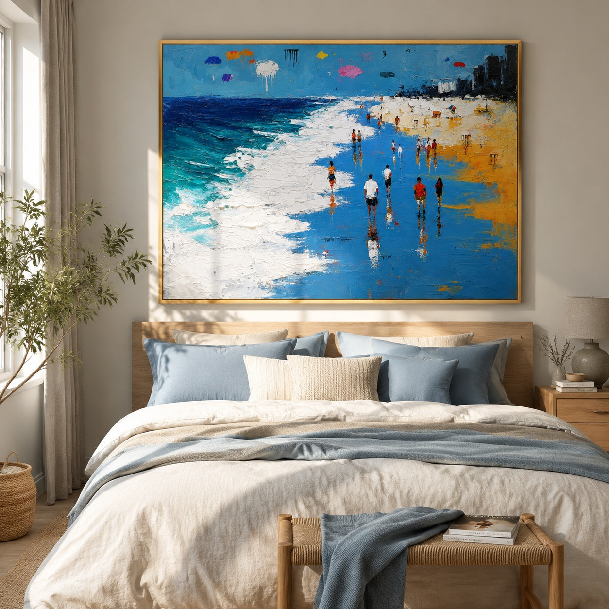 Sunny Beach Walk – Blue Textured Coastal Seascape Painting