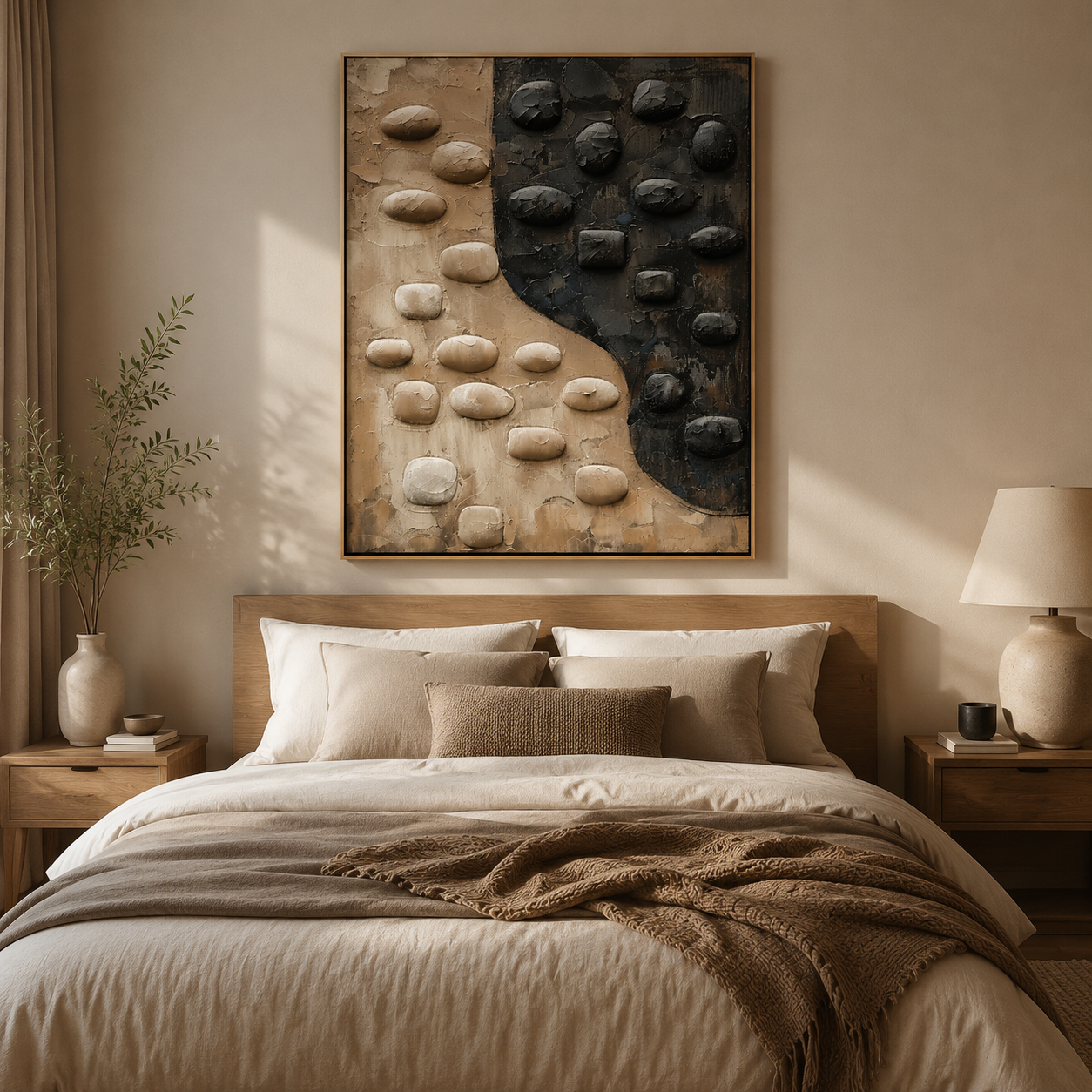 Yin Yang Stone Balance – Black and Beige Textured Abstract Painting