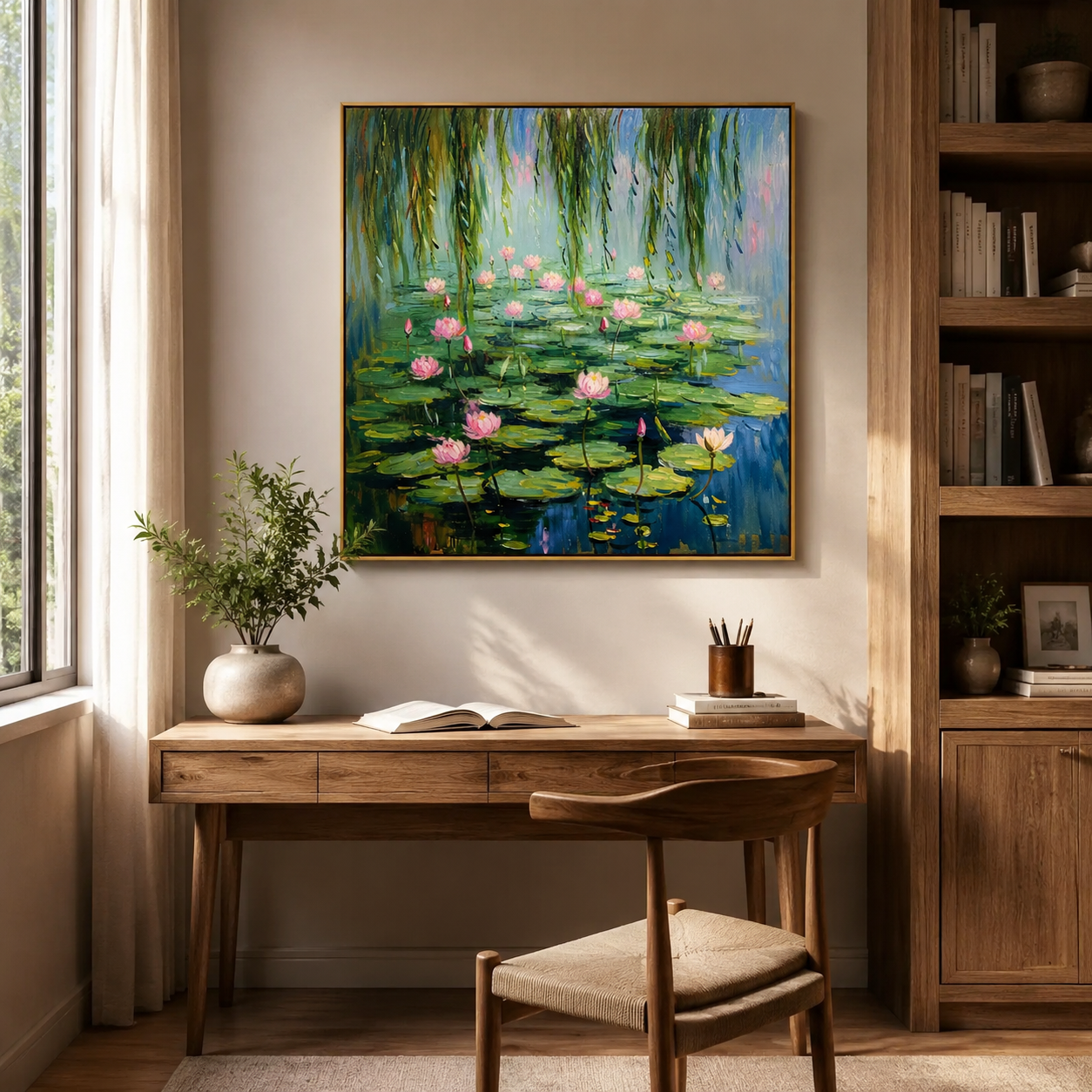 Willow Lotus Pond – Pink Impressionist Floral Landscape Painting