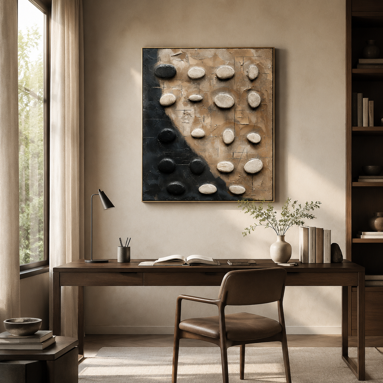 Zen Stone Balance – Black and Beige Textured Abstract Painting