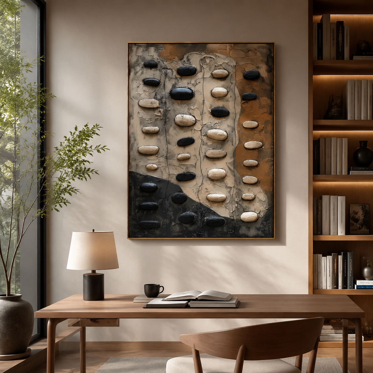 River Stone Path – Black and Beige Textured Abstract Painting