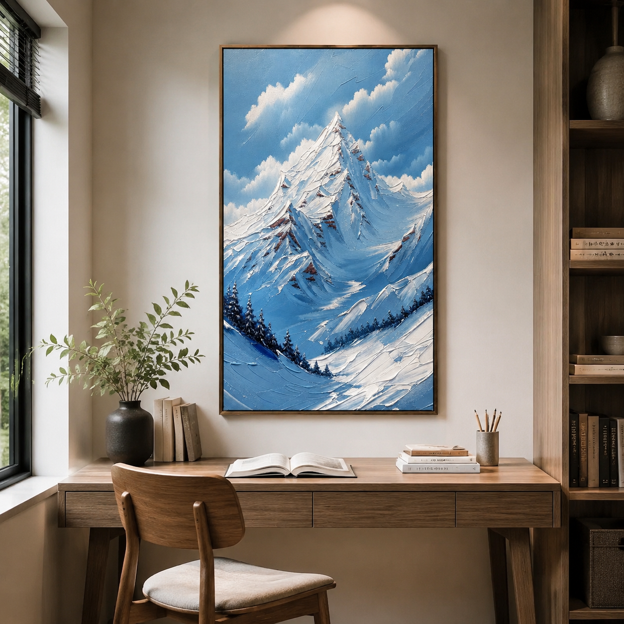 Crimson Summit – Blue Textured Snow Mountain Painting