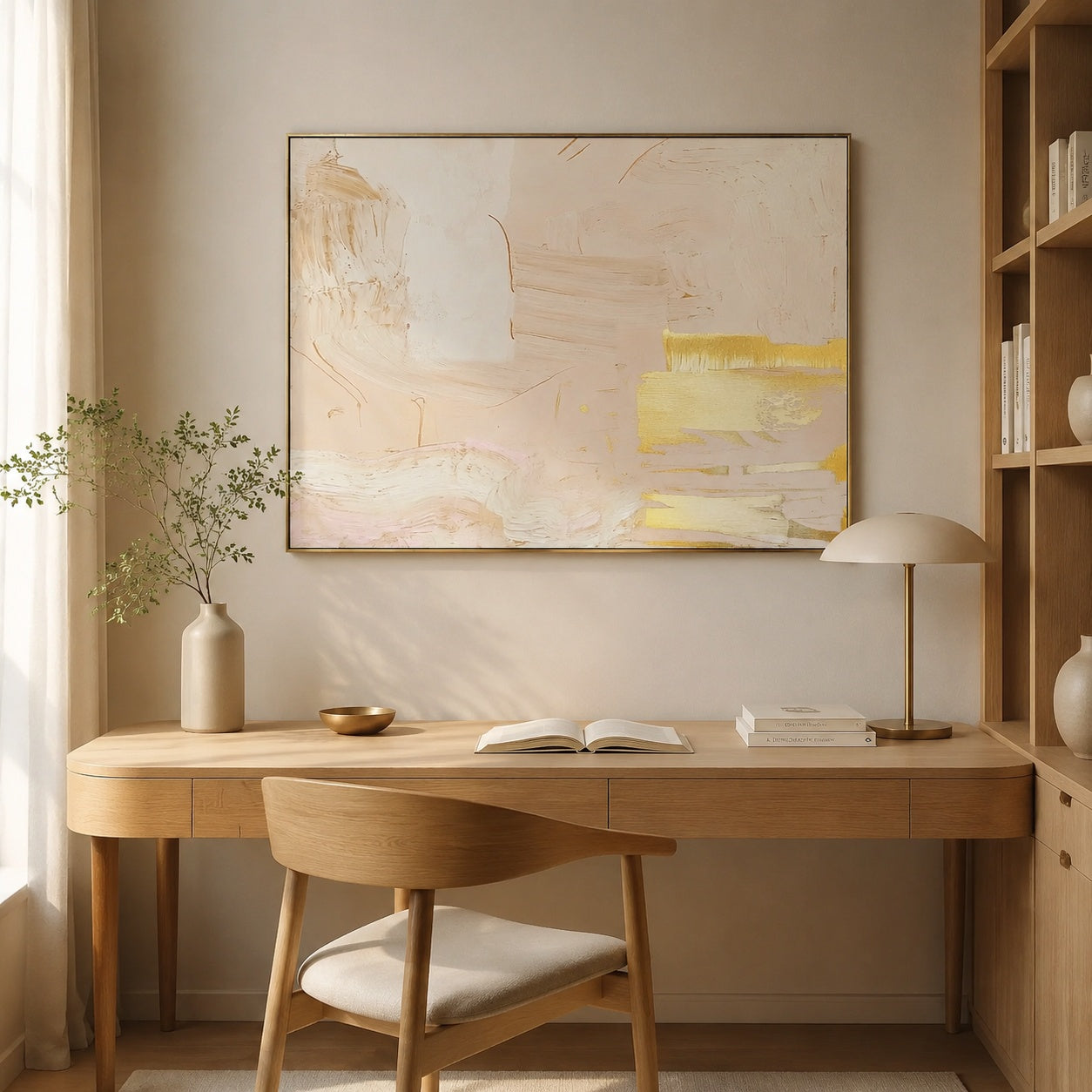 Golden Blush Harmony – Neutral Pink and Gold Abstract Painting