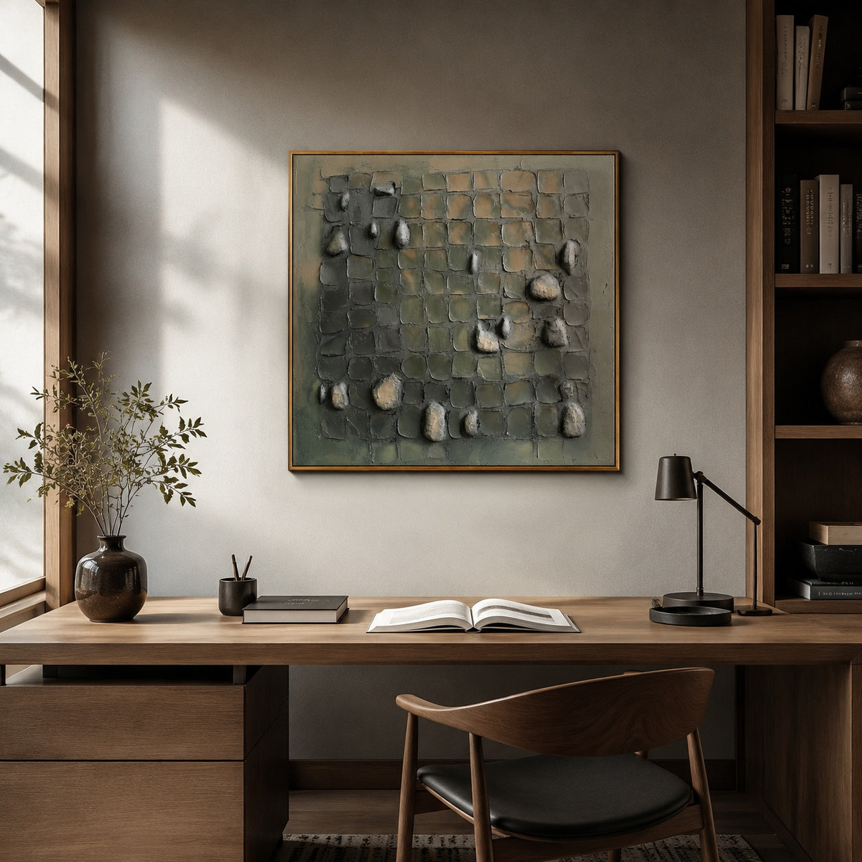 Weathered Stone Grid – Olive Gray Textured Abstract Painting