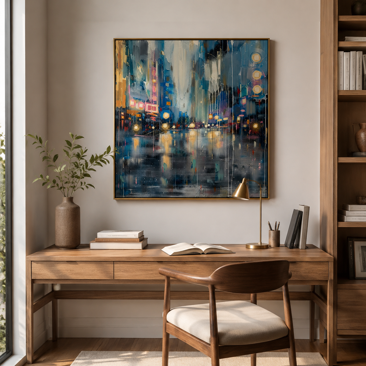 Neon City Reflections – Blue Abstract Cityscape Painting