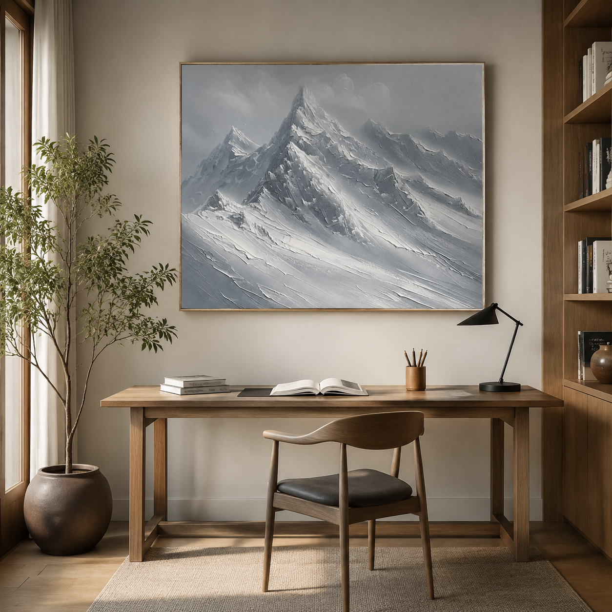 Silver Mountain Majesty – Gray Textured Snowy Peak Painting