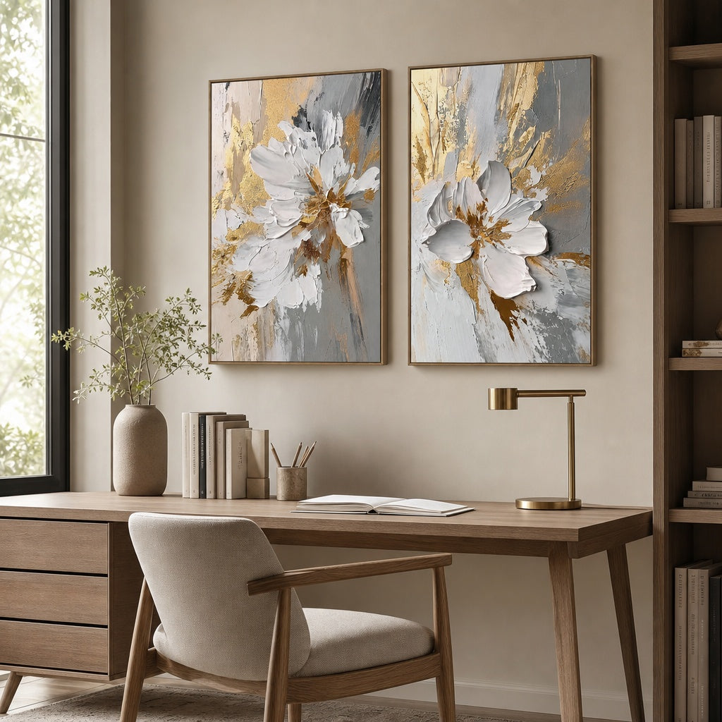 Golden White Blossom Diptych