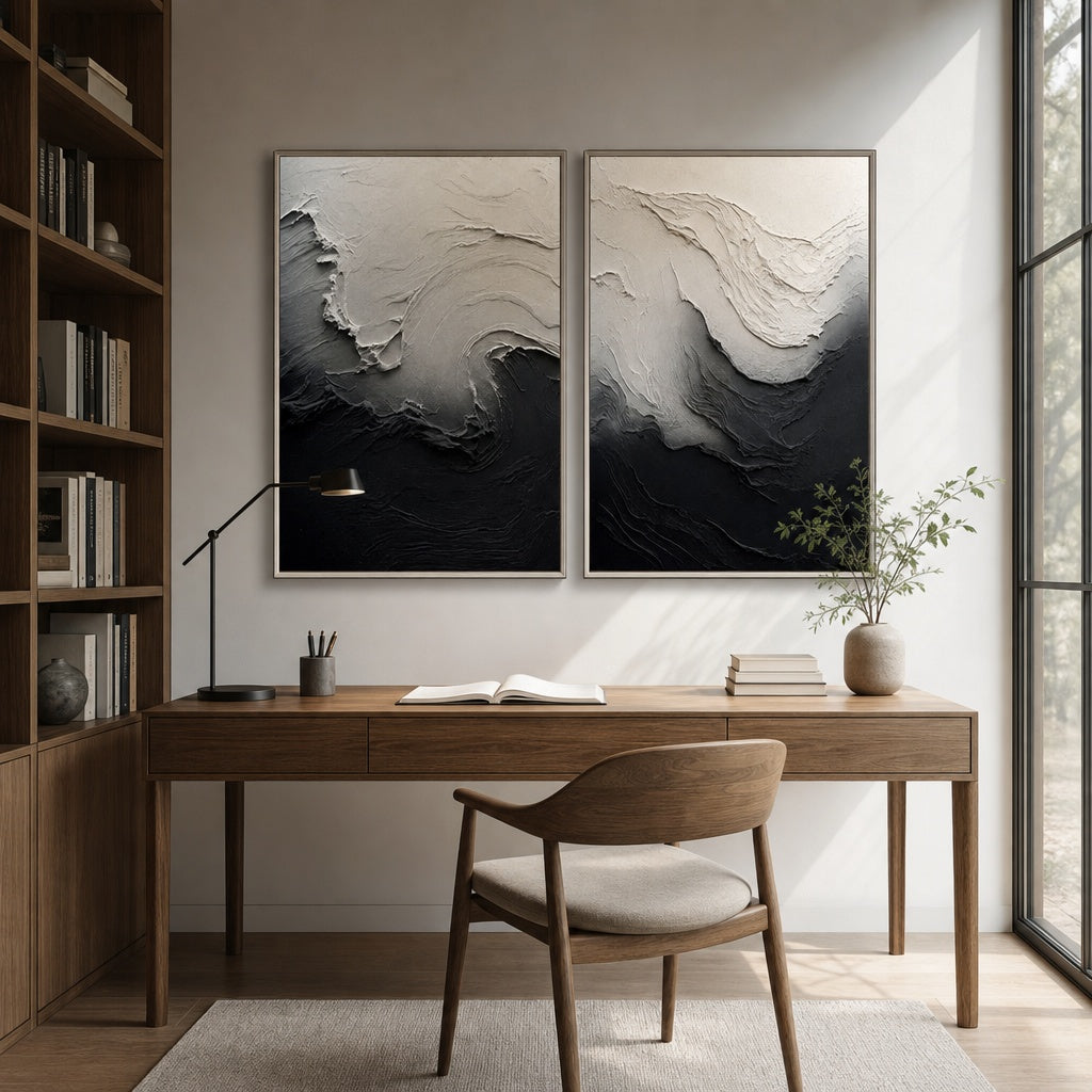 Monochrome Wave Relief Diptych