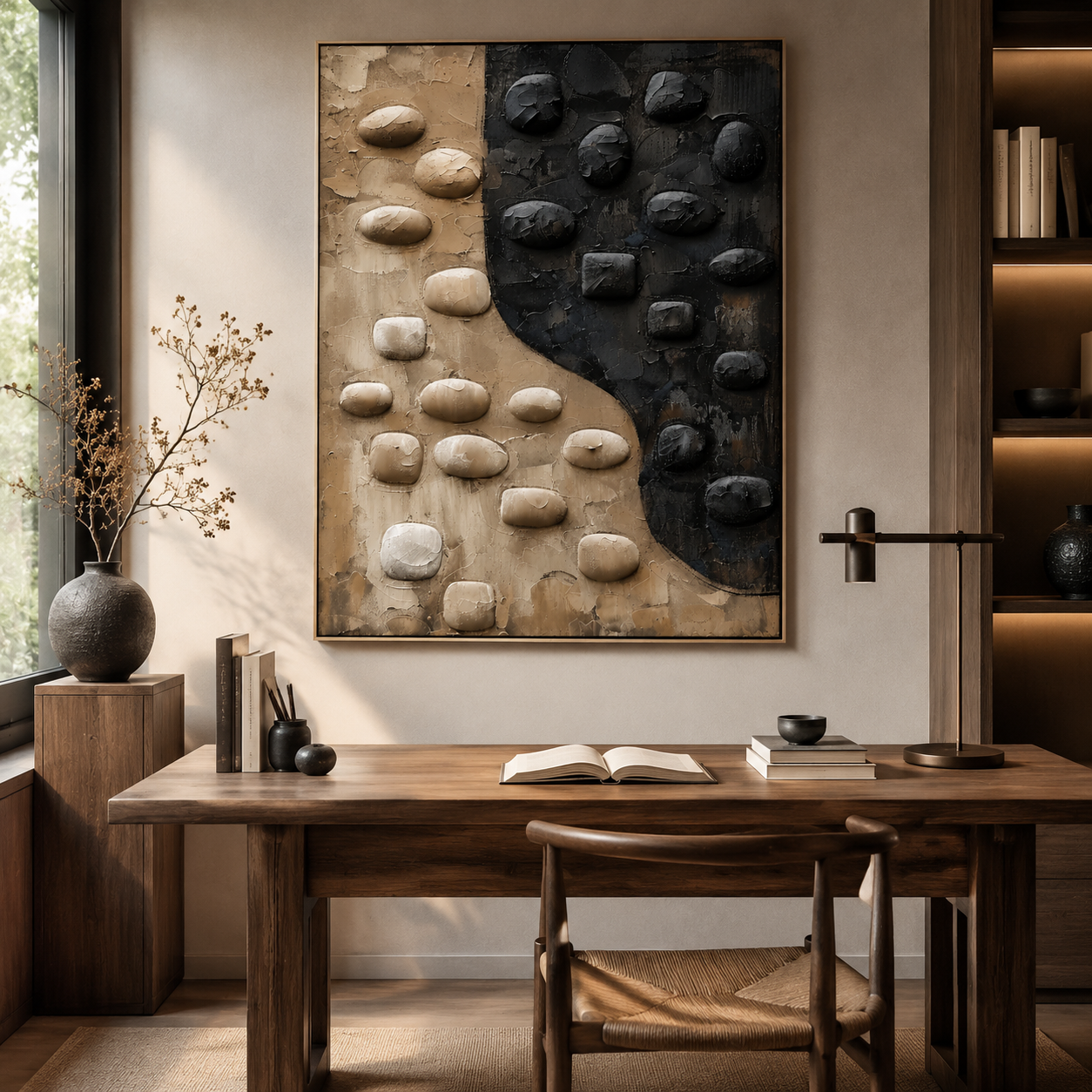 Yin Yang Stone Balance – Black and Beige Textured Abstract Painting