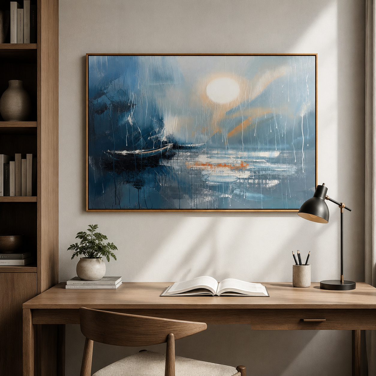 Moonlit Blue Harbor – Abstract Boat Seascape Painting