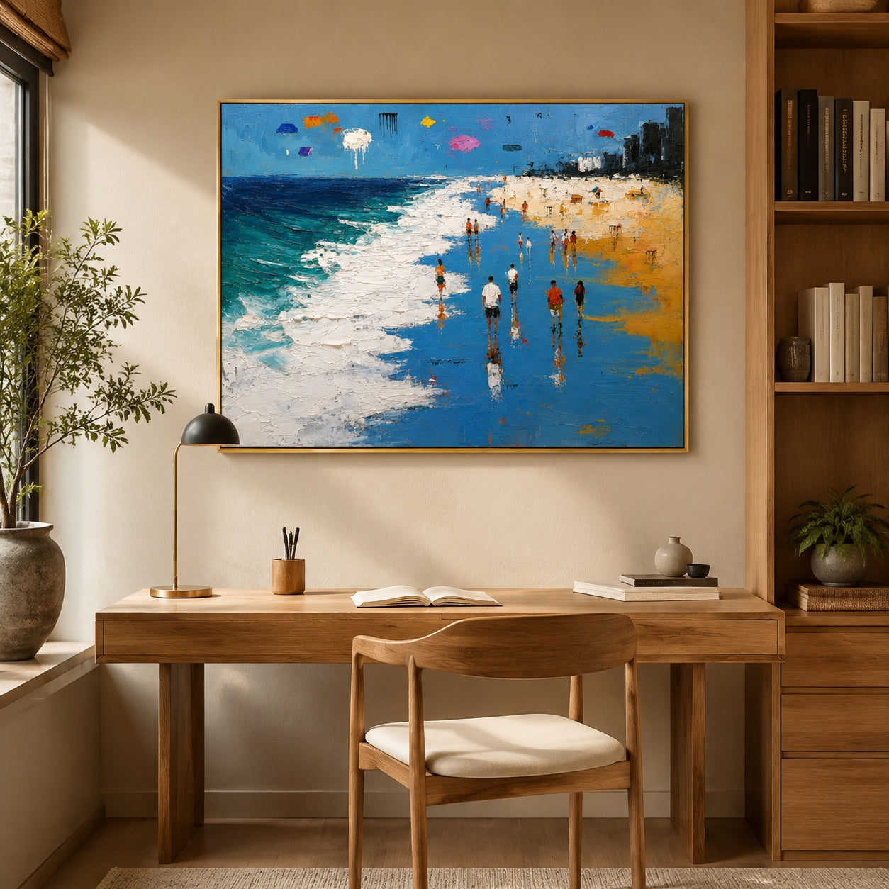 Sunny Beach Walk – Blue Textured Coastal Seascape Painting