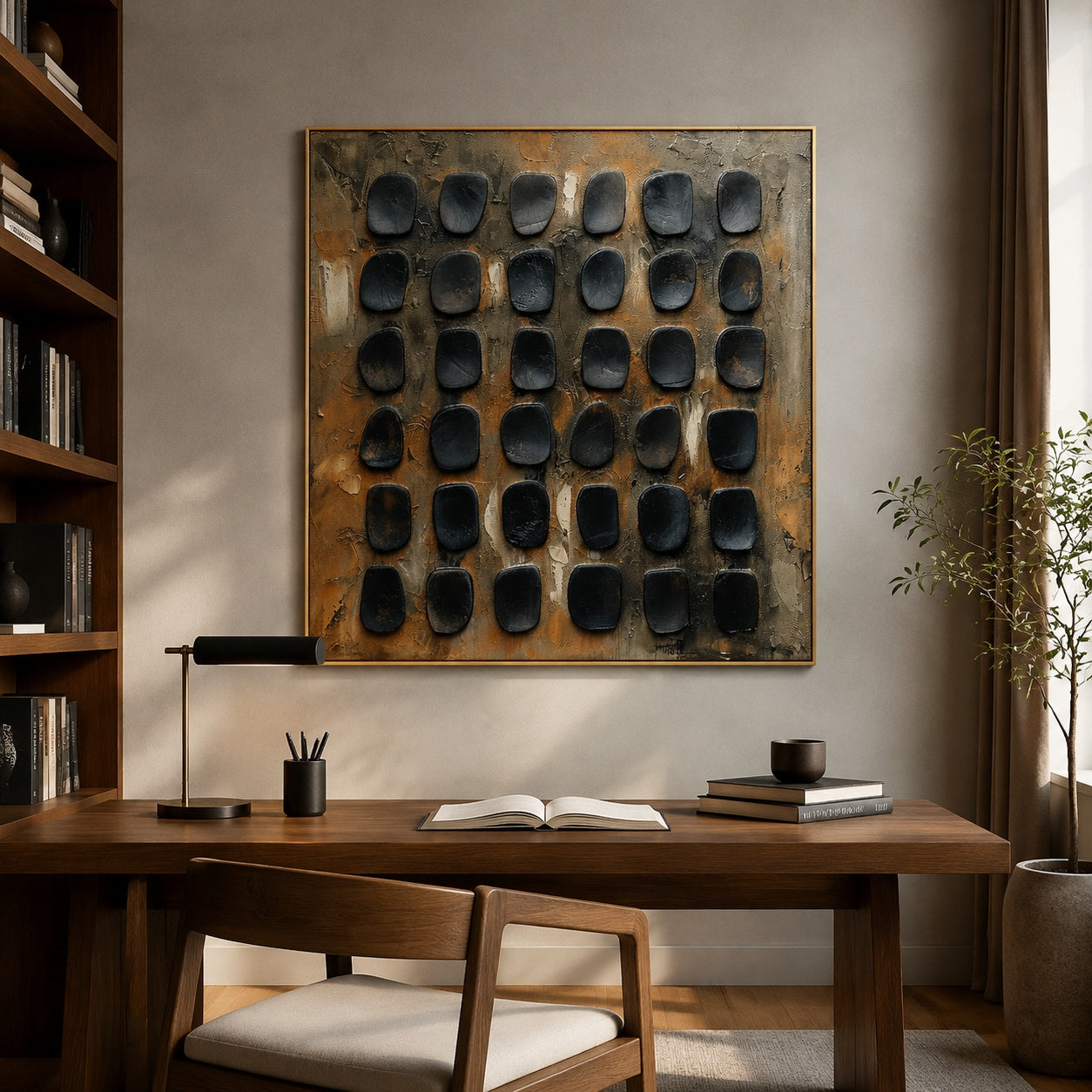 Black Stone Grid – Brown and Gray Textured Abstract Painting