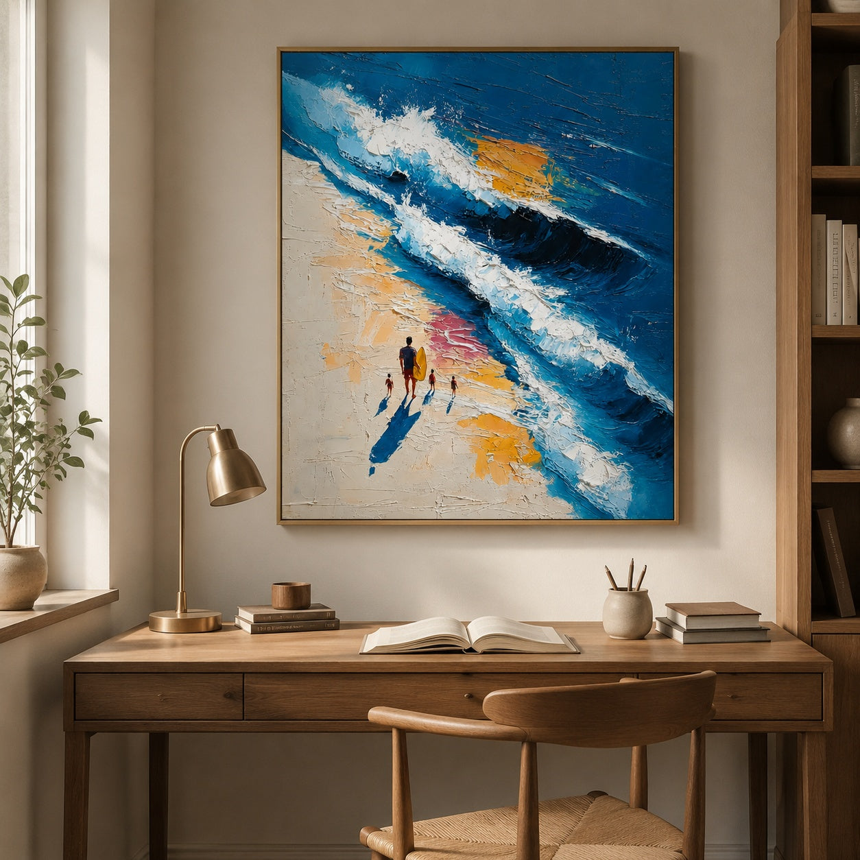 Surfside Family Walk – Blue Textured Ocean Beach Painting