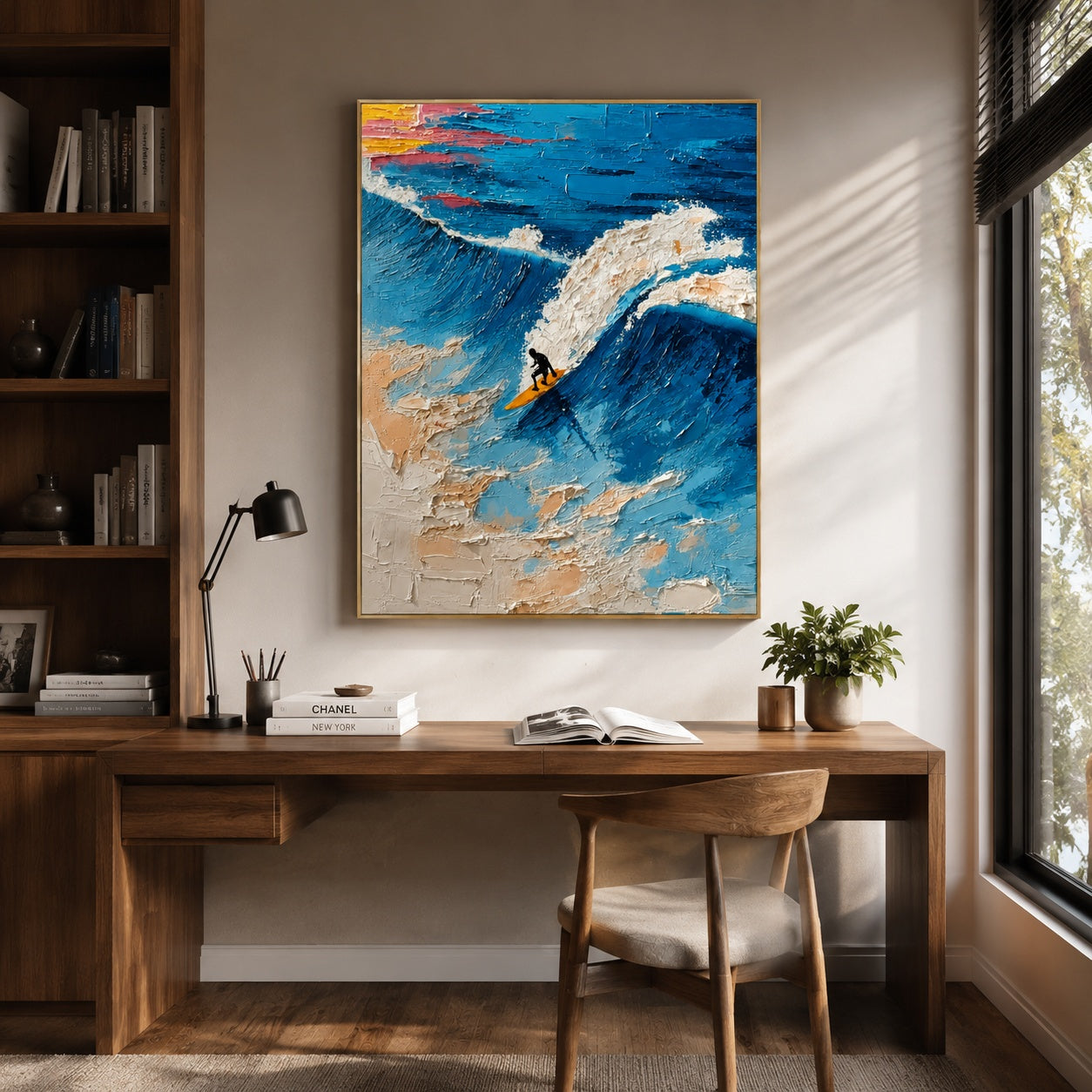 Riding the Blue Wave – Textured Ocean Surfing Painting
