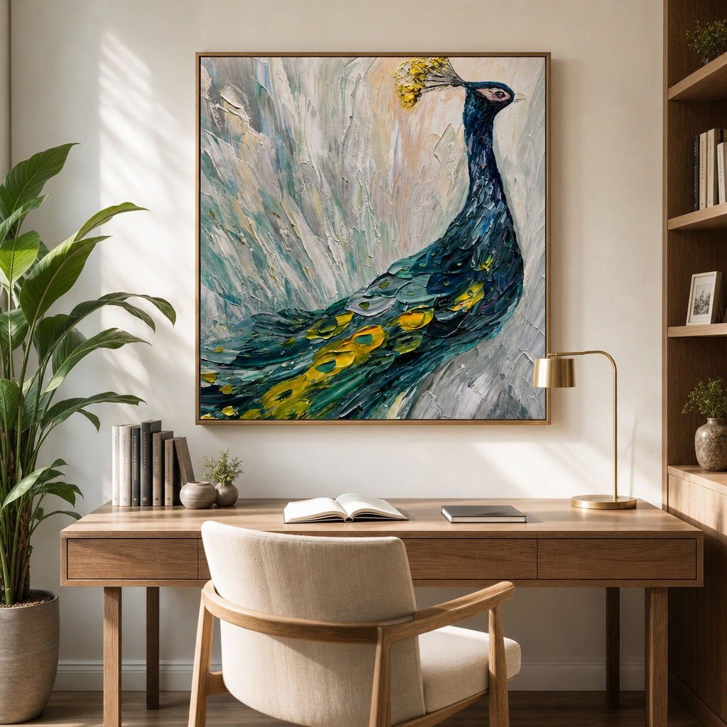 Blue Peacock Textured Bird Painting