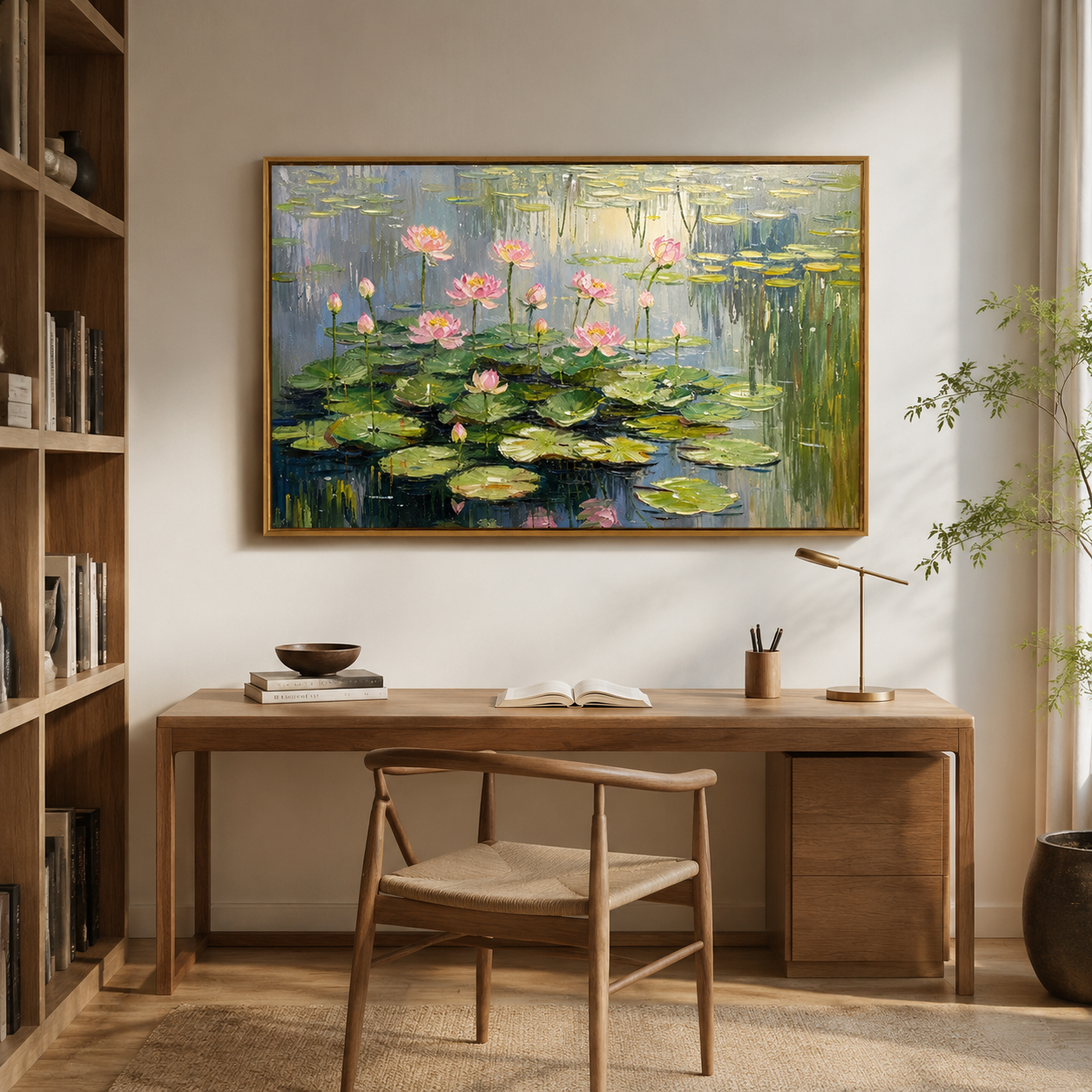Pink Lotus Reflections – Impressionist Pond Landscape Painting