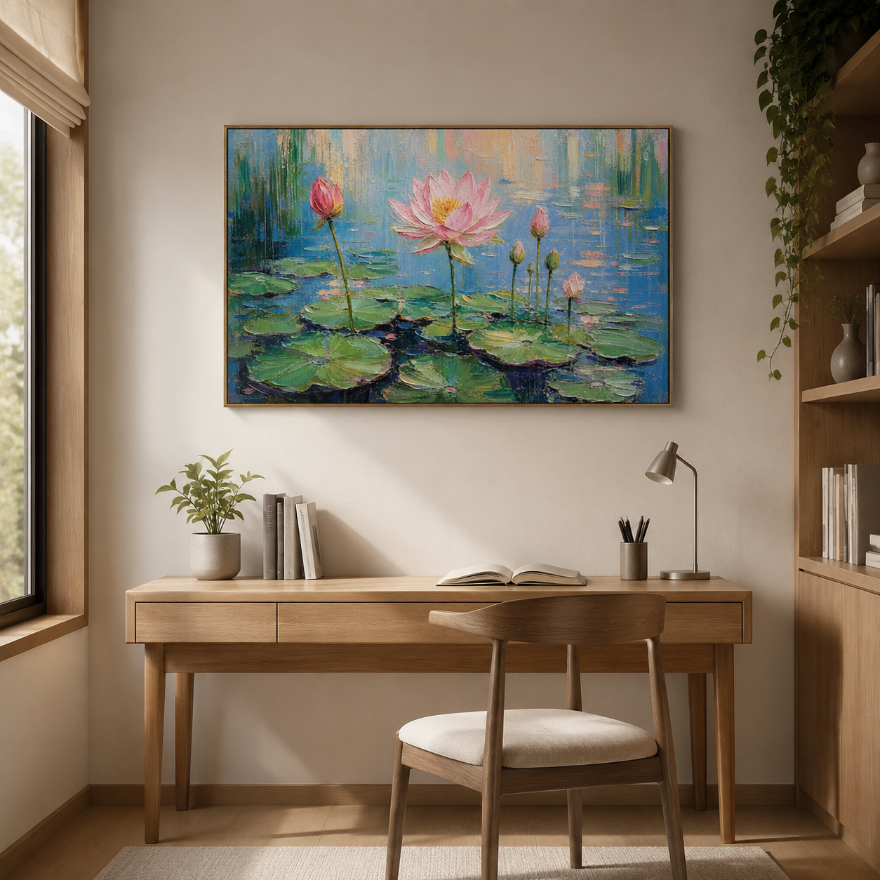 Blush Lotus Morning – Pink Impressionist Pond Painting