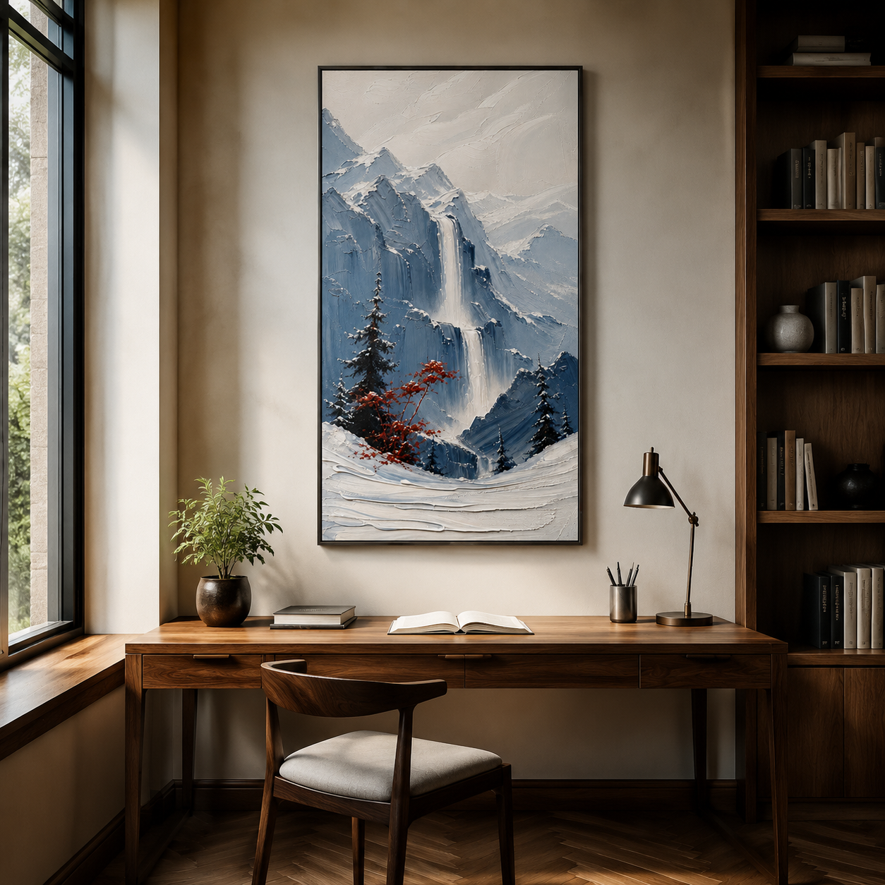 Crimson Alpine Falls – Textured Winter Mountain Waterfall Painting