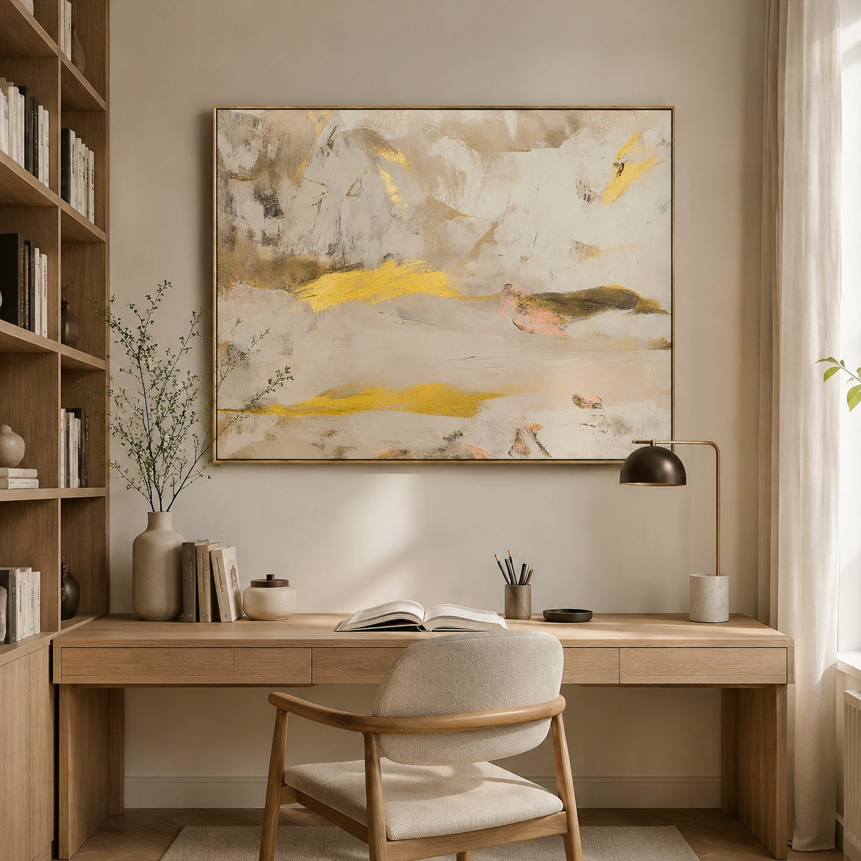 Golden Mist Harmony – Neutral Gold Abstract Textured Painting