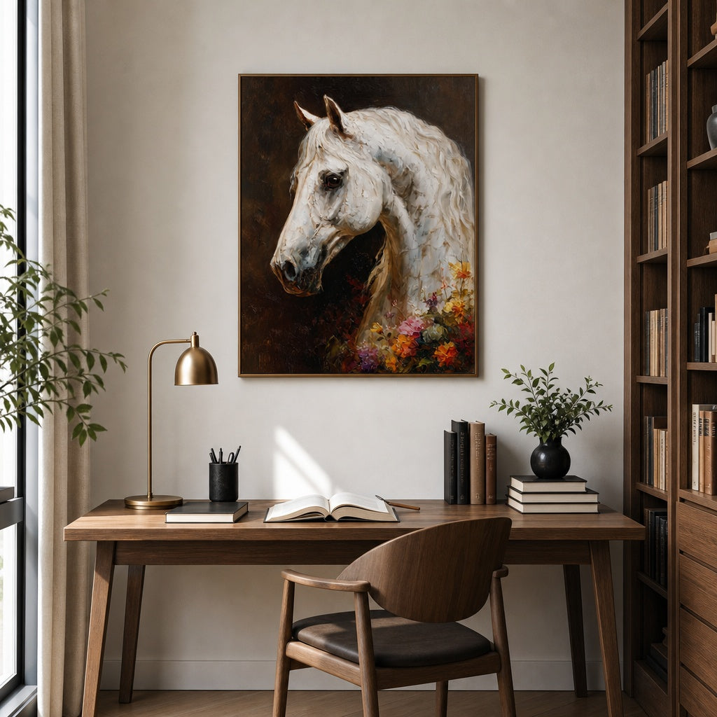 White Horse Floral Portrait Painting