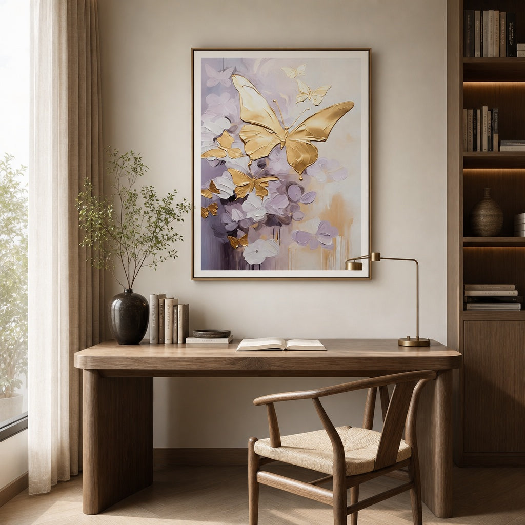 Golden Butterfly Floral Abstract Painting