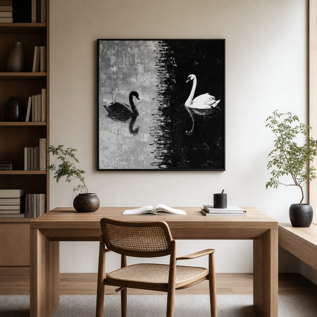 Black and White Swan Lake Painting